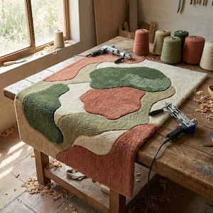 Puede incluir: Una alfombra hecha a mano con un dise&ntilde;o abstracto en tonos verdes, melocot&oacute;n y crema. La alfombra es rectangular y presenta una textura afelpada. Dos pistolas de mechones y bobinas de hilo est&aacute;n sobre la mesa de madera, lo que sugiere que la alfombra est&aacute; en proceso de fabricaci&oacute;n.