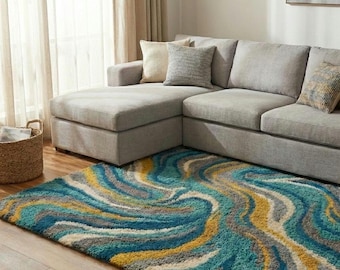 Modern Abstract Swirl Area Rug, Teal Blue Mustard Shag Carpet, Plush Contemporary Living Room Decor, Handmade Style Soft Statement Rug