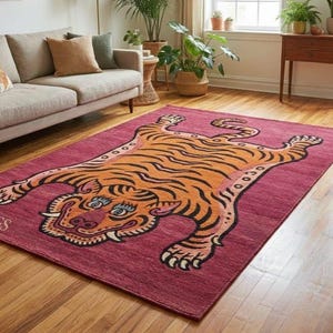 Op de afbeelding: Een rechthoekig tapijt met een tijgerontwerp. Het tapijt is voornamelijk dieprood, met een oranje en zwarte tijgerillustratie in het midden. Het tapijt heeft de tekst "NAAZ RUGS" in het wit aan de onderkant. Het ligt op een houten vloer.