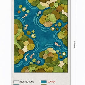 May include: A rectangular rug with a pond design. The rug features a blue water area with koi fish, lily pads, and land masses in shades of green and brown. The rug measures 78.7 inches wide and 129.9 inches long.