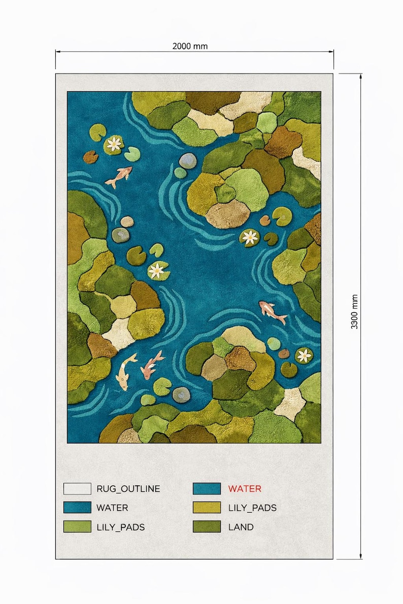 May include: A rectangular rug with a pond design. The rug features a blue water area with koi fish, lily pads, and land masses in shades of green and brown. The rug measures 78.7 inches wide and 129.9 inches long.