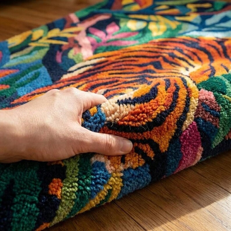 Hand Tufted Tiger Jungle Rug, Colorful Tropical Statement Area Rug, Bold Maximalist Wildlife Carpet for Living Room Bedroom image 2