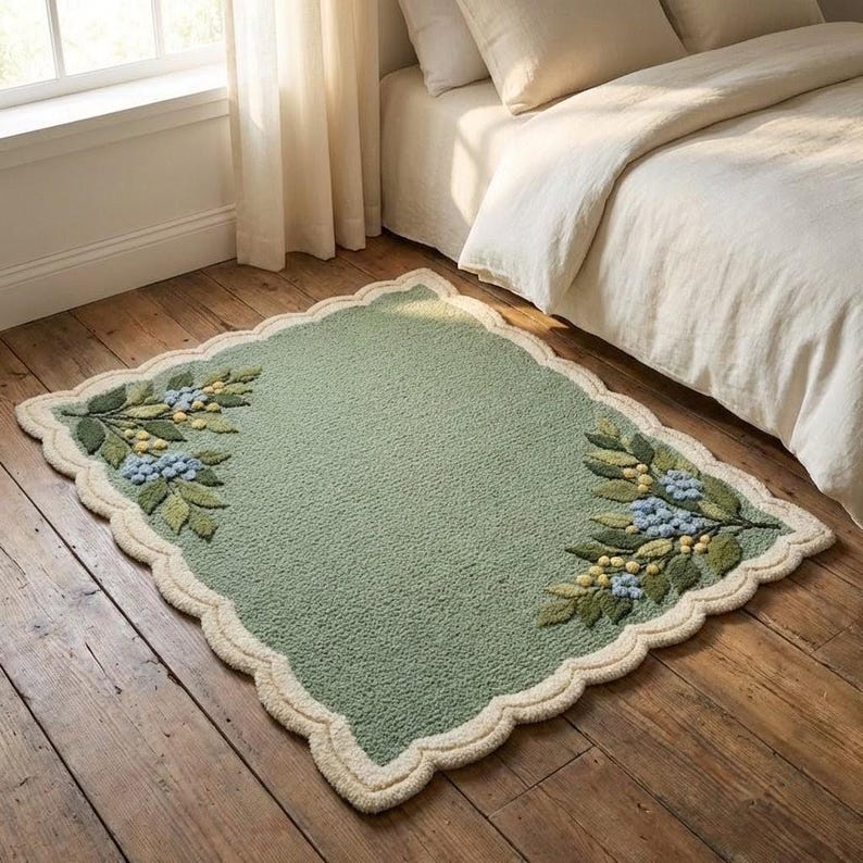 Sage Green Scalloped Floral Rug, Hand Tufted Wool Botanical Rug ...