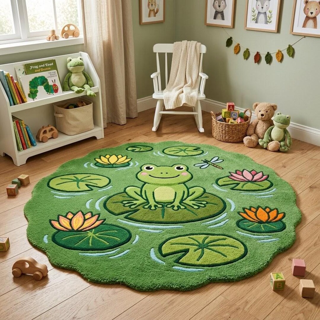 Frog Rugs Frog Kids Rug Nursery Playroom Lily Pad Carpet Green Animal Round Rug ...