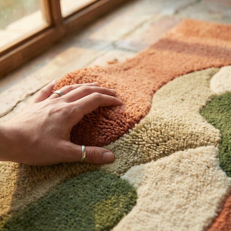 Puede incluir: Una alfombra multicolor con una superficie texturizada y afelpada. La alfombra presenta un patr&oacute;n de formas org&aacute;nicas en tonos naranja, verde y crema. La alfombra est&aacute; colocada sobre una superficie de ladrillo cerca de una ventana.