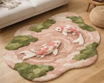 Koi Fish Floor Decor Sculpted Pond Design Soft Tufted Accent for Zen Living Room or Meditation Space