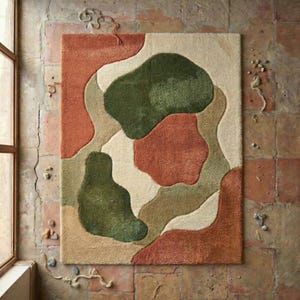 Puede incluir: Una alfombra rectangular con un dise&ntilde;o abstracto en tonos de verde, &oacute;xido, beige y marr&oacute;n claro. La alfombra presenta una superficie suave y texturizada con formas org&aacute;nicas y fluidas. La alfombra se exhibe en una pared de ladrillo.