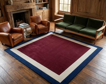 Alfombra moderna color burdeos, alfombra con borde geométrico, alfombra de lujo para sala de estar, alfombra decorativa azul marino crema, alfombra de piso contemporánea - 7x10/8 x 10 pies