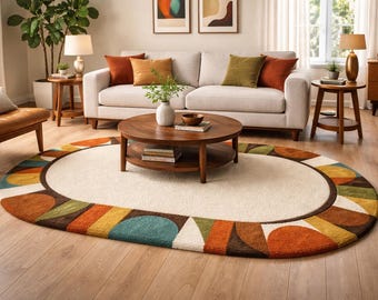 Alfombra moderna de mediados de siglo con decoración geométrica retro ovalada para sala de estar y piso.