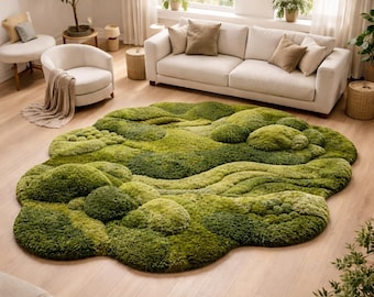 Moss style green area rug sculpted organic floor decor for modern living room