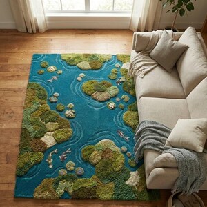 May include: A rectangular area rug with a pond design. The rug features a teal blue background with green and beige islands, lily pads, and koi fish. The rug is placed on a wooden floor next to a beige sofa.