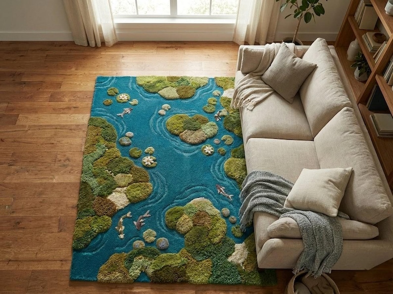 May include: A rectangular area rug with a pond design. The rug features a teal blue background with green and beige islands, lily pads, and koi fish. The rug is placed on a wooden floor next to a beige sofa.