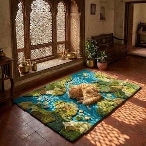 May include: A rectangular rug with a river and island design in shades of blue, green, and beige. An orange cat is curled up on the rug. The rug is on a terracotta tile floor, near a window with intricate wooden latticework.