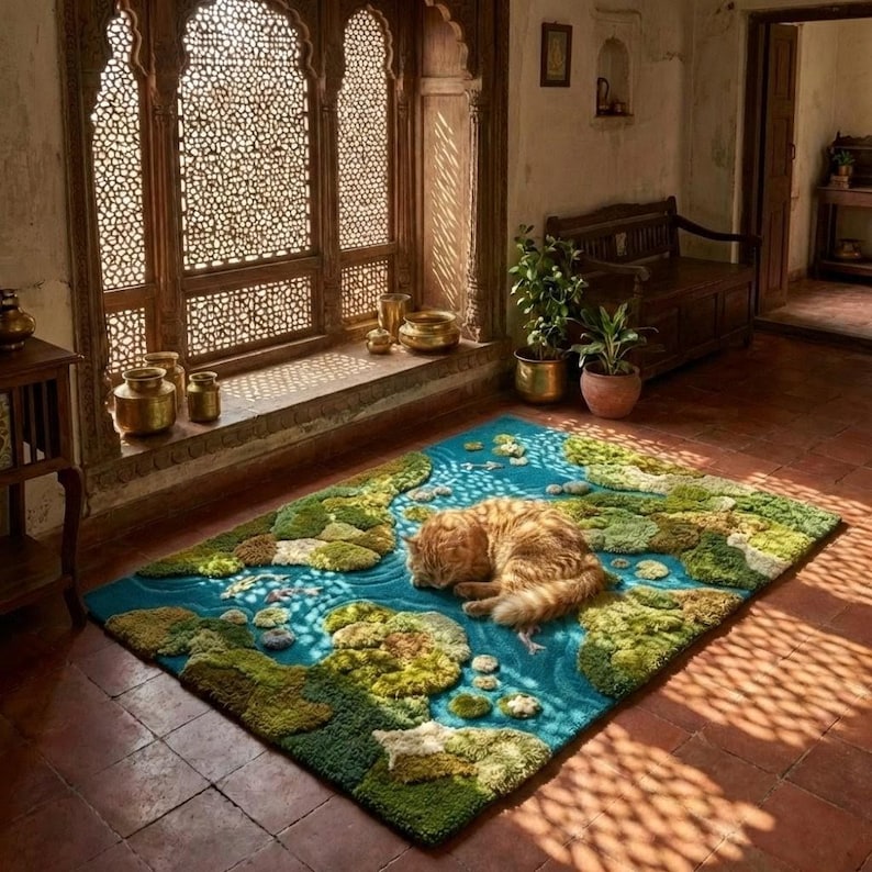 May include: A rectangular rug with a river and island design in shades of blue, green, and beige. An orange cat is curled up on the rug. The rug is on a terracotta tile floor, near a window with intricate wooden latticework.