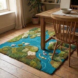May include: A rectangular area rug with a pond design. The rug features a blue background with green and beige land masses, and two koi fish. The rug is placed under a wooden table and chair.