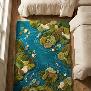 May include: A rectangular rug with a pond design. The rug features a teal blue background with green and brown tufted areas representing land and lily pads. White fish and flowers are scattered throughout the design.