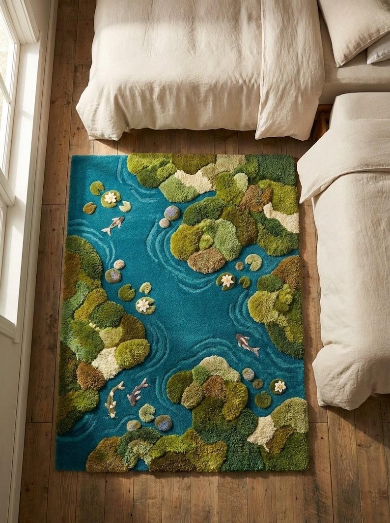 May include: A rectangular rug with a pond design. The rug features a teal blue background with green and brown tufted areas representing land and lily pads. White fish and flowers are scattered throughout the design.