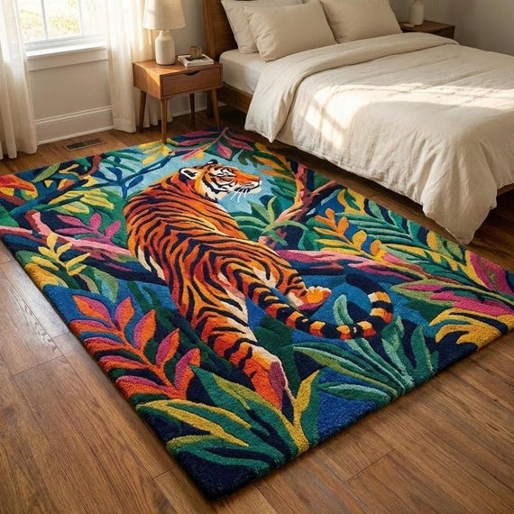 Hand Tufted Tiger Jungle Rug, Colorful Tropical Statement Area Rug, Bold Maximalist Wildlife Carpet for Living Room Bedroom