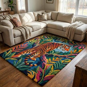 May include: A rectangular area rug featuring a tiger design. The rug has a blue background with colorful leaves and a tiger in shades of orange, black, and white. The rug is placed in a living room with a beige sectional sofa.
