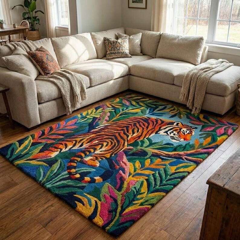 May include: A rectangular area rug featuring a tiger design. The rug has a blue background with colorful leaves and a tiger in shades of orange, black, and white. The rug is placed in a living room with a beige sectional sofa.