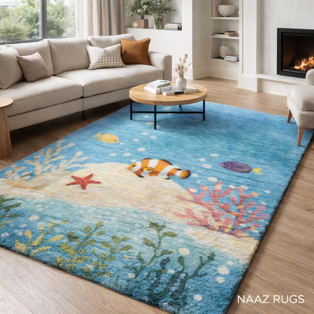 Ocean Nursery Rug, Plush Under the Sea Kids Playroom Carpet With Fish ...