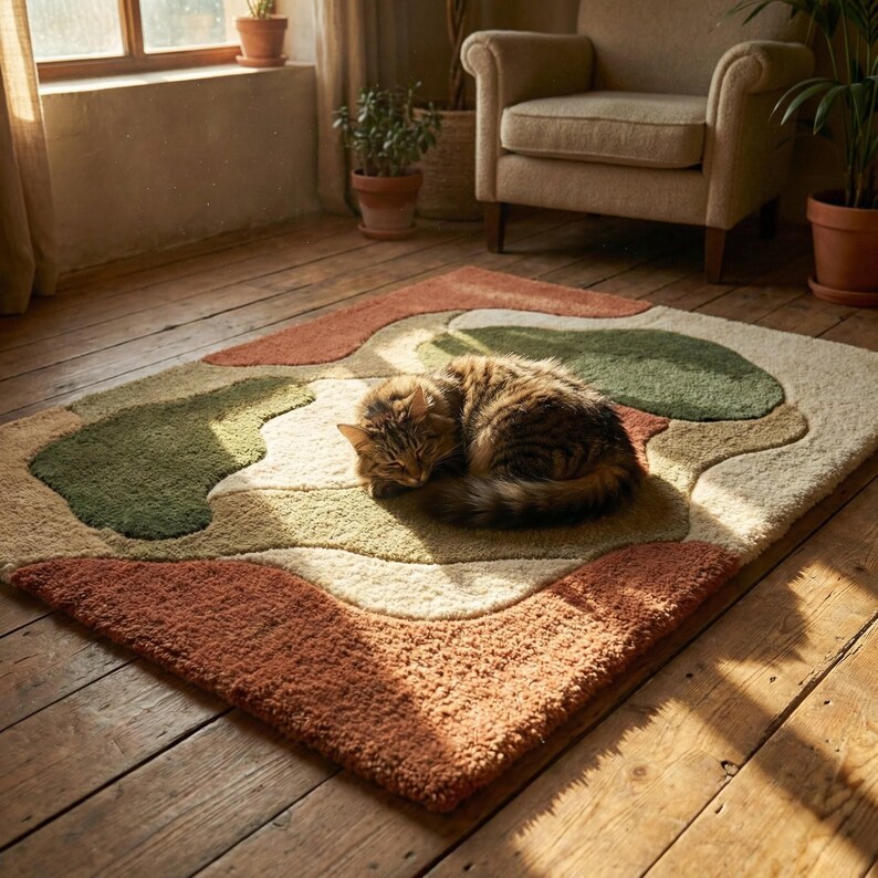 Puede incluir: Una alfombra rectangular con un dise&ntilde;o abstracto en tonos naranja, verde y crema. Un gato atigrado marr&oacute;n est&aacute; acurrucado durmiendo sobre la alfombra. La alfombra est&aacute; sobre un suelo de madera, con una ventana y un sill&oacute;n en el fondo.