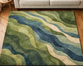 Organic Wave Area Rug Green Blue Modern Abstract Floor Decor for Living Room Bedroom Natural Home Interior