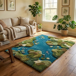 May include: A rectangular area rug with a pond design. The rug features a blue background with green and brown lily pads and fish. The rug is placed on a hardwood floor in a living room setting.