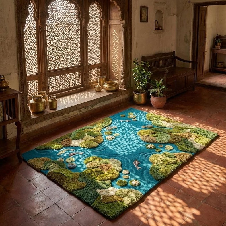 May include: A rectangular area rug with a pond design. The rug features a blue center representing water, surrounded by green and tan tufted areas resembling lily pads and foliage. Two fish are visible in the water.