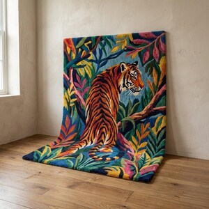 Hand Tufted Tiger Jungle Rug, Colorful Tropical Statement Area Rug, Bold Maximalist Wildlife Carpet for Living Room Bedroom image 8