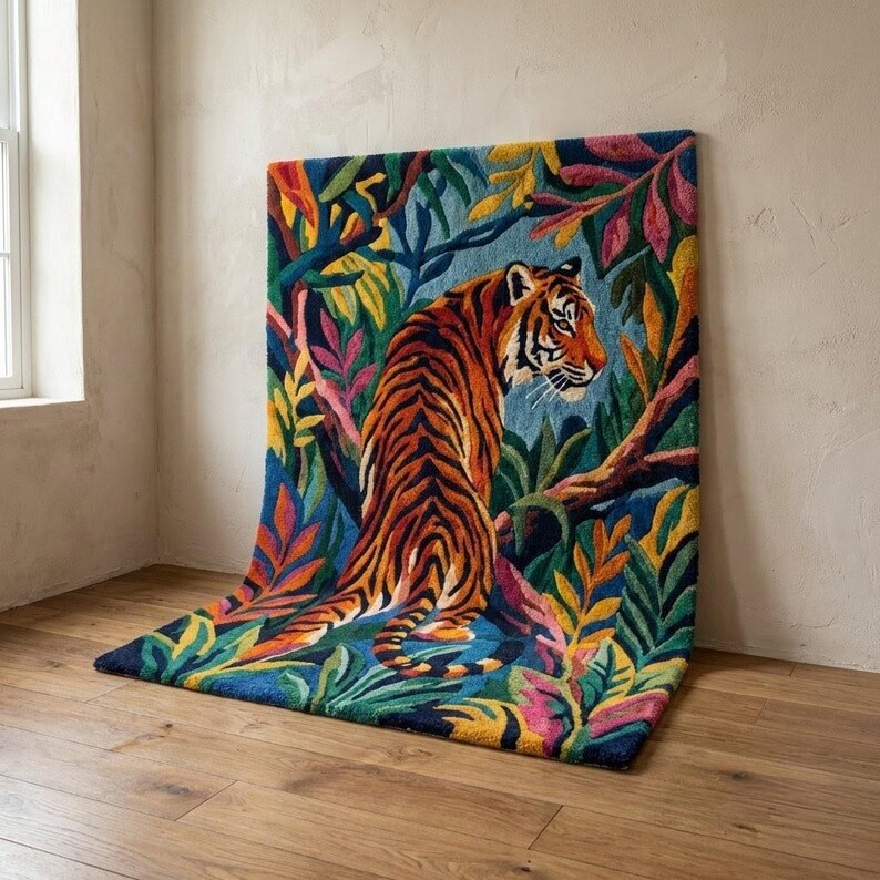 Hand Tufted Tiger Jungle Rug, Colorful Tropical Statement Area Rug, Bold Maximalist Wildlife Carpet for Living Room Bedroom image 8