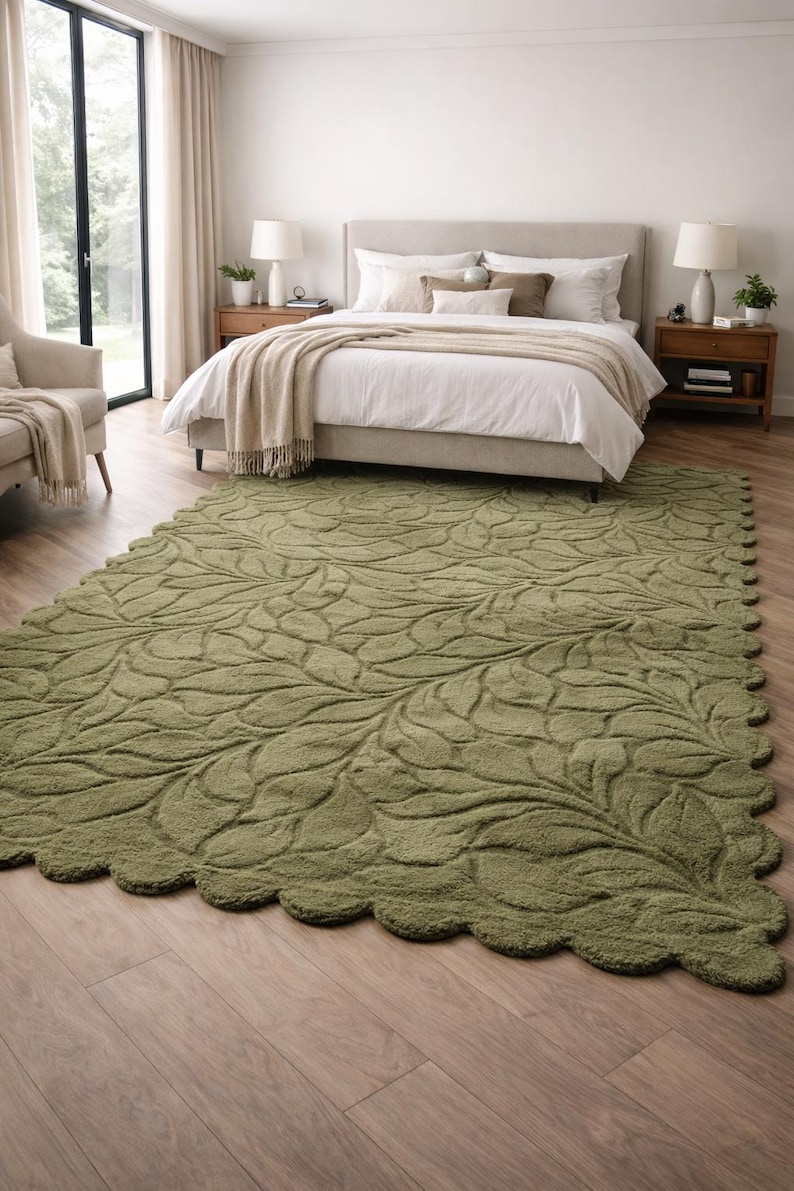 Leaf Area Rug Botanical Green Textured Modern Living Room Nature ...