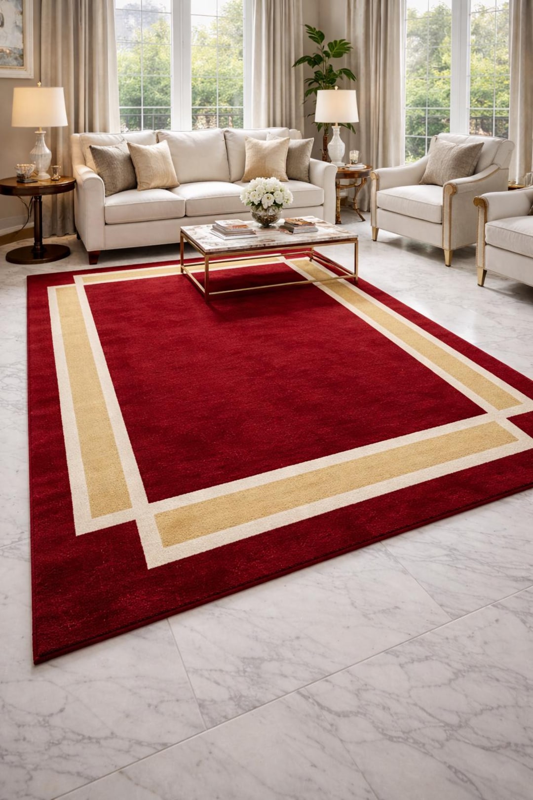 Red Area Rug Elegant Gold Border Modern Classic Living Room Bedroom ...