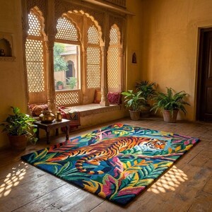 May include: A rectangular rug featuring a tiger design in shades of orange, brown, and white, set against a backdrop of lush green and blue foliage. The rug is placed on a wooden floor in a room with arched windows.
