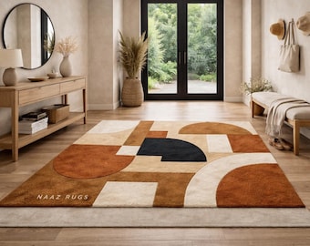 Modern Abstract Wool Area Rug, Hand Tufted Geometric Rug, Neutral Earth Tone Living Room Carpet, Contemporary Bedroom Rug