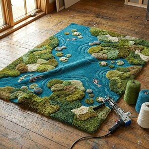 May include: A rectangular rug with a pond design. The rug features a teal blue water area with green and brown lily pads and fish. The rug is surrounded by green and brown textured areas. A rug-making tool and spools of yarn are visible.