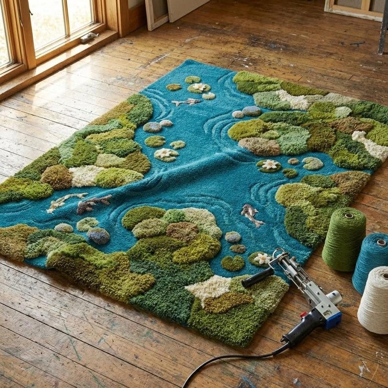May include: A rectangular rug with a pond design. The rug features a teal blue water area with green and brown lily pads and fish. The rug is surrounded by green and brown textured areas. A rug-making tool and spools of yarn are visible.