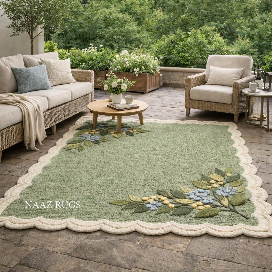 Sage Green Scalloped Floral Rug, Hand Tufted Wool Botanical Rug ...