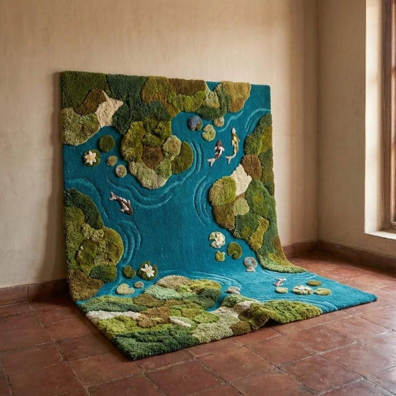 May include: A large, rectangular rug depicting a pond scene with koi fish. The rug features a teal blue water area surrounded by green and brown textured land masses. White lily pads and koi fish are scattered throughout the design. The rug is displayed against a neutral wall.