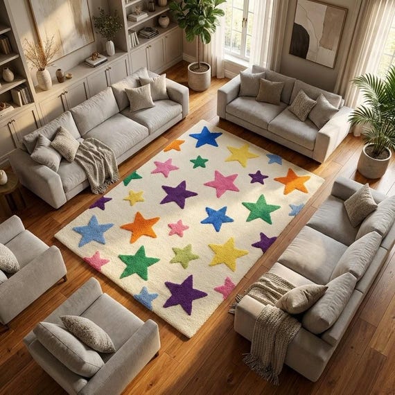 Colorful Star Rug for Kids Room – Rainbow Nursery Carpet – Soft Fluffy Playroom Area Rug – Pastel Star Pattern Bedroom Decor for Boys & Girl