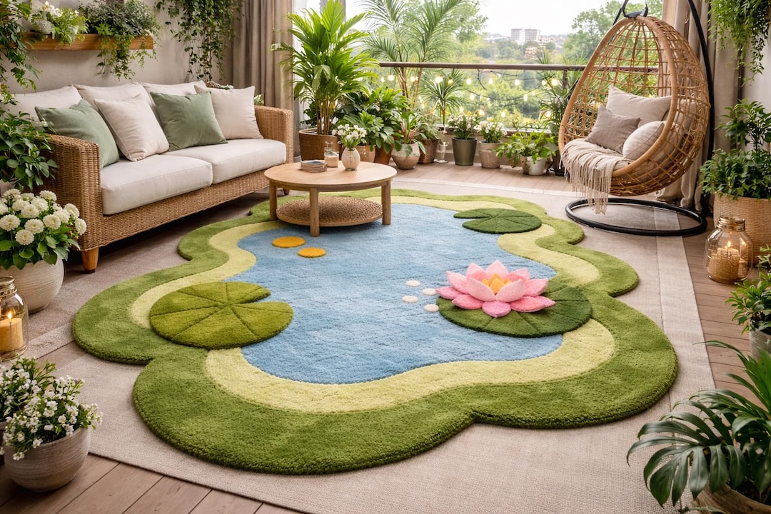 Pond Shape Rug Lotus Flower Nature Inspired Kids Nursery Zen Playroom ...
