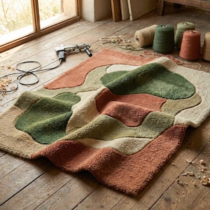 Puede incluir: Alfombra hecha a mano con un dise&ntilde;o abstracto en tonos verdes, naranjas y crema. La alfombra est&aacute; hecha de un material suave y texturizado y tiene una forma org&aacute;nica &uacute;nica. Una pistola de mechones y carretes de hilo son visibles.