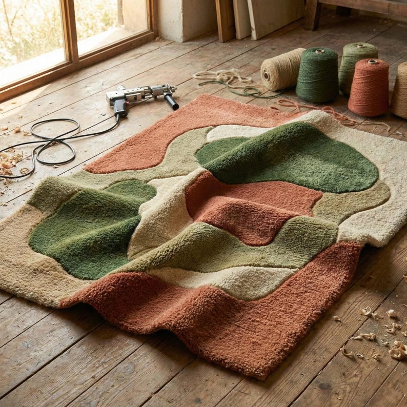 Puede incluir: Alfombra hecha a mano con un dise&ntilde;o abstracto en tonos verdes, naranjas y crema. La alfombra est&aacute; hecha de un material suave y texturizado y tiene una forma org&aacute;nica &uacute;nica. Una pistola de mechones y carretes de hilo son visibles.
