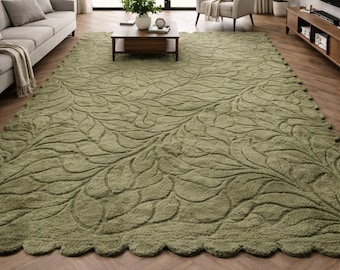 Leaf Area Rug Botanical Green Textured Modern Living Room Nature Inspired Floor Decor Home