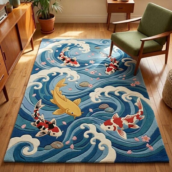 Koi Fish Area Rug Blue Wave Carpet Japanese Style Ocean Rug Living Room Decor Soft Modern Floor Rug Coastal Home Accent