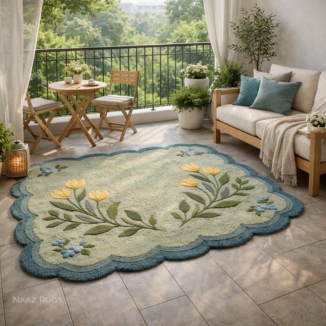Hand Tufted Floral Wool Rug, Scalloped Botanical Area Rug, Sage Green ...