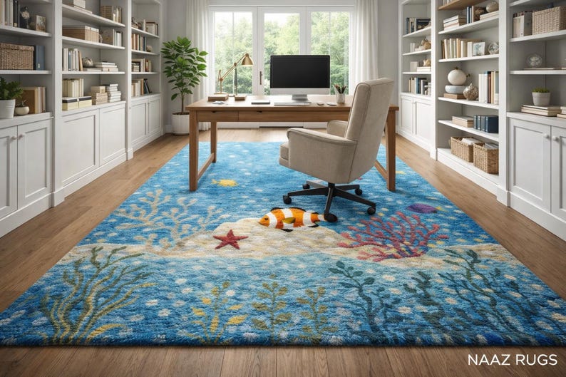 Aquatic Rug Ocean Nursery Rug, Plush Under the Sea Kids Playroom Carpet With Fish ...