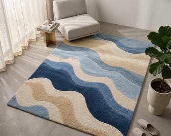 Abstract golftapijt, handgetuft tapijt, kustblauw beige tapijt, modern neutraal tapijt, zacht pluche tapijt woonkamer slaapkamer