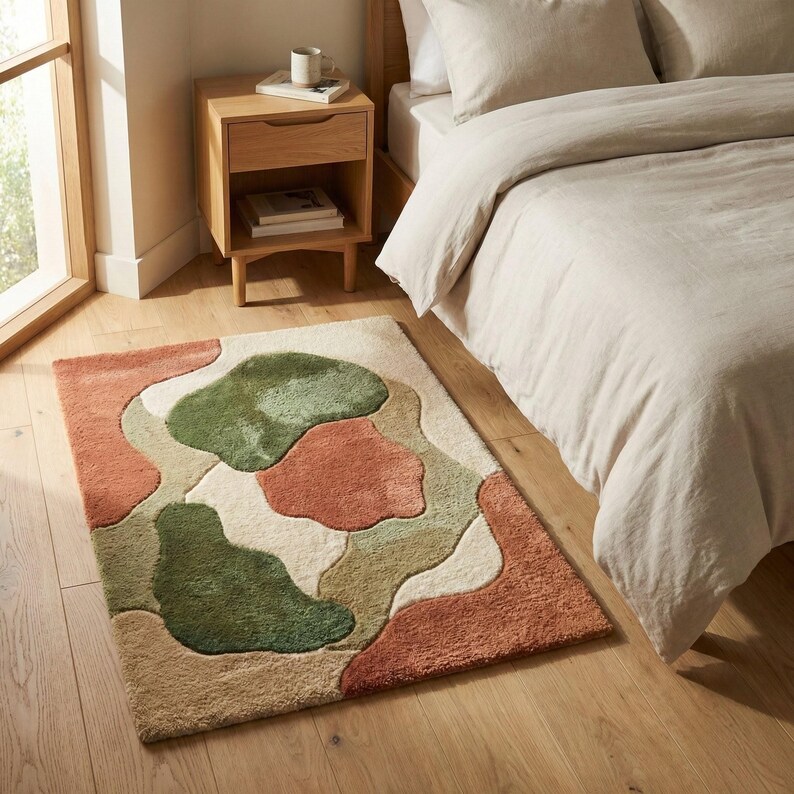 Puede incluir: Una alfombra rectangular con un dise&ntilde;o abstracto en tonos verdes, melocot&oacute;n y beige. La alfombra est&aacute; colocada sobre un suelo de madera cerca de una cama y una mesita de noche de madera. El dise&ntilde;o de la alfombra presenta formas org&aacute;nicas.