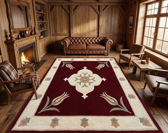 Alfombra de estilo rústico burdeos, alfombra rústica para sala de estar, alfombra floral para casa de campo, decoración para el hogar campestre, alfombra decorativa tradicional, alfombra acogedora para cabaña.